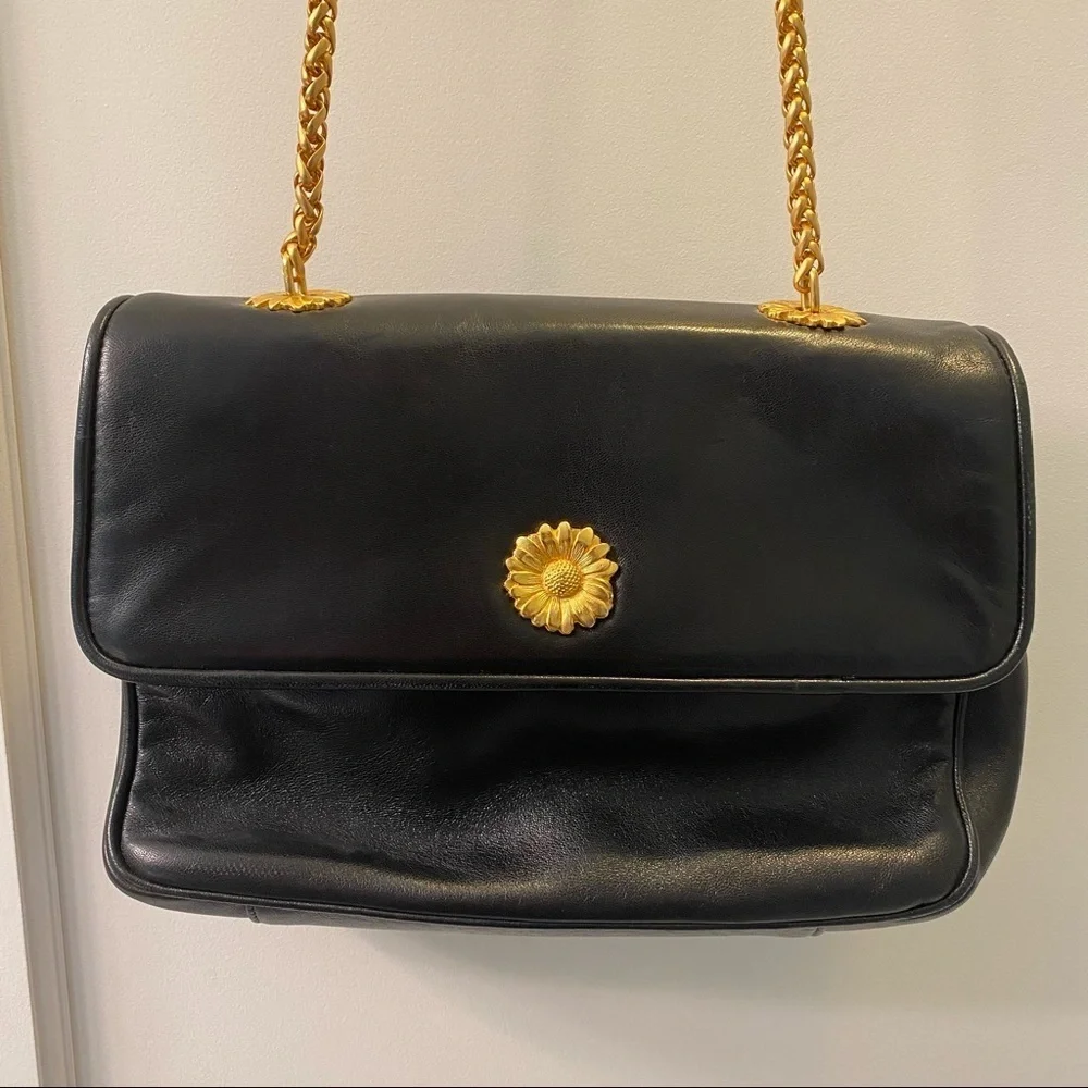 Escada Leather Black Crossbody Bag Gold Hardware Chain Daisy Clasp